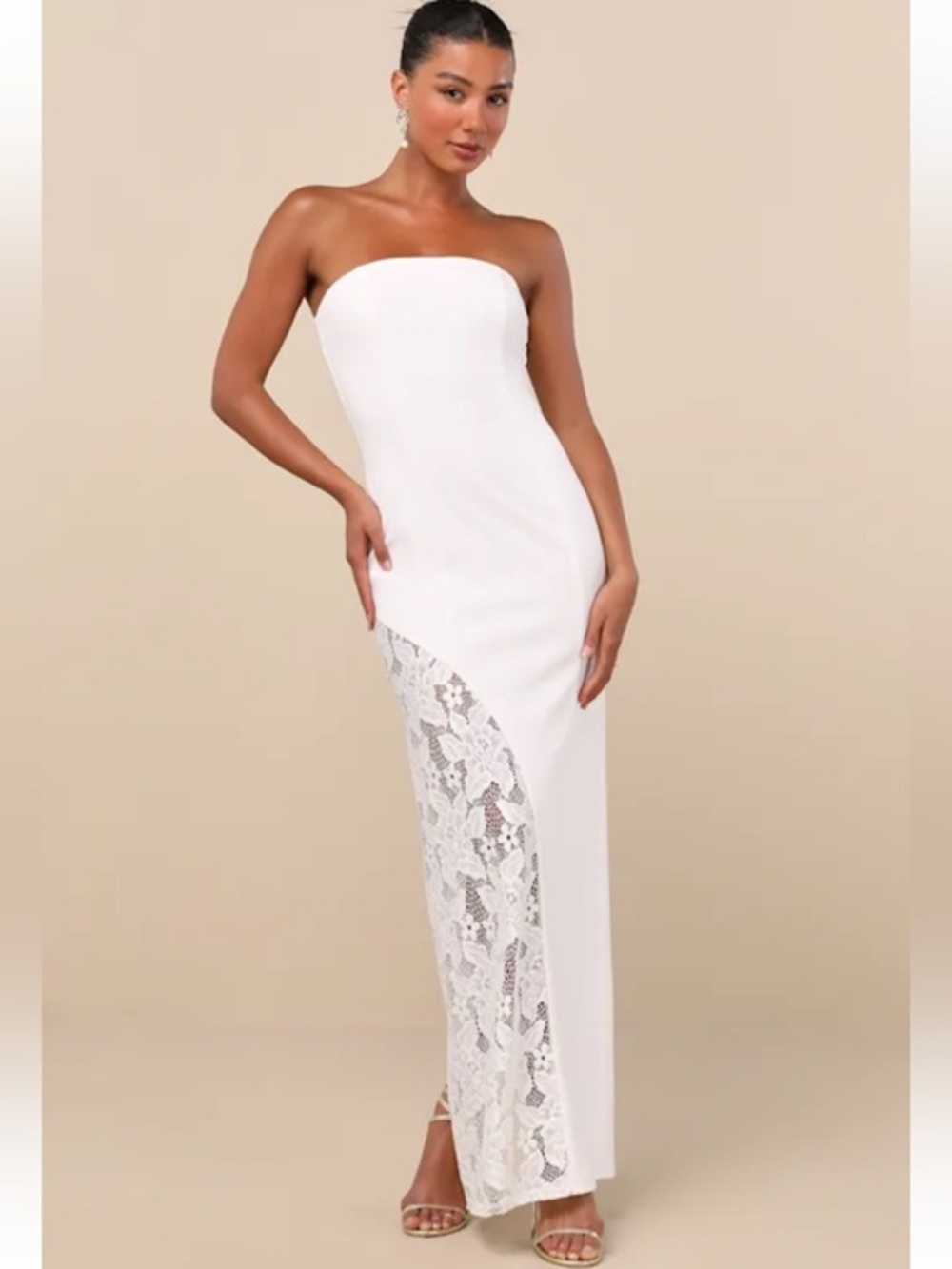 NWT Lulus Irresistible Attitude White Strapless Lace Column Maxi Dress